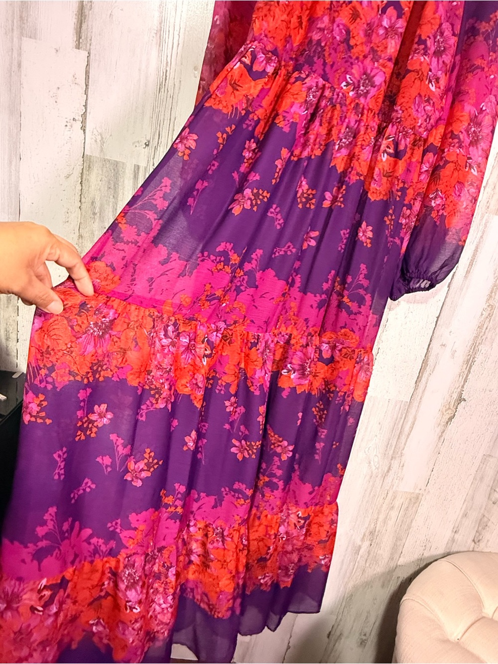 Maison Tara Floral Maxi Dress Size 12 Purple Orange Tiered Boho Flowy - Picture 4 of 9